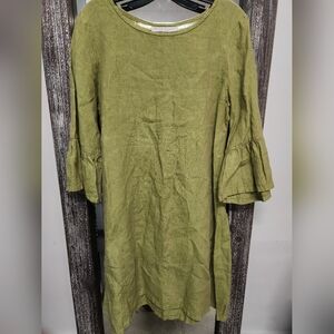 Bryn Walker Linen Dress Bell Sleeve Relaxed Boho Lagenlook Minimalist Sz Xs Grn